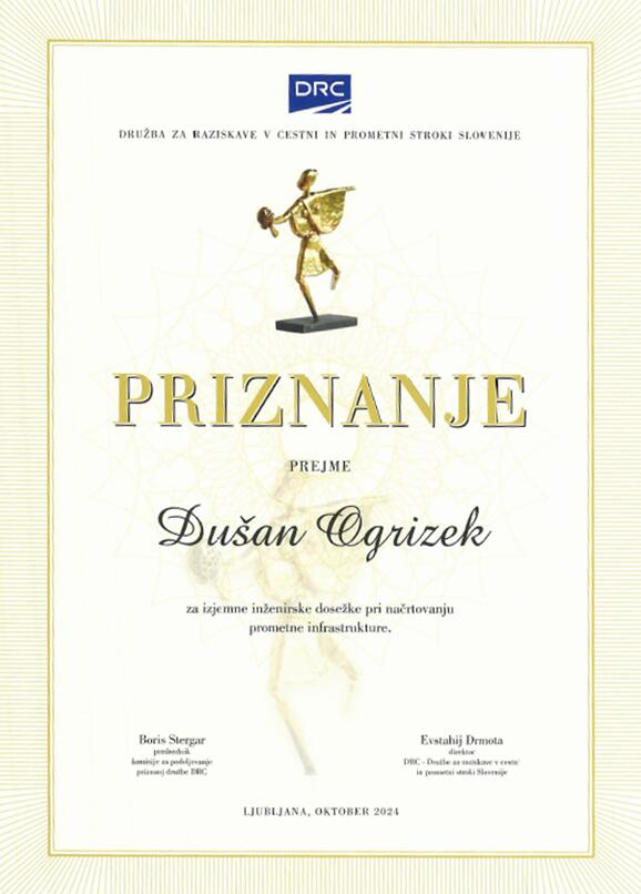 Priznanje za izjemne inženirske dosežke pri načrtovanju prometne infrastrukture